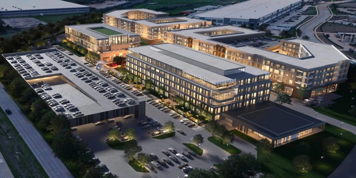 Aerial architectural rendering of The MIC in Mansfield, Texas, illustrating the planned Phase 1A Class-A office building that will anchor Admiral Legacy Investments and Foundry Commercial’s 18-acre innovation campus.