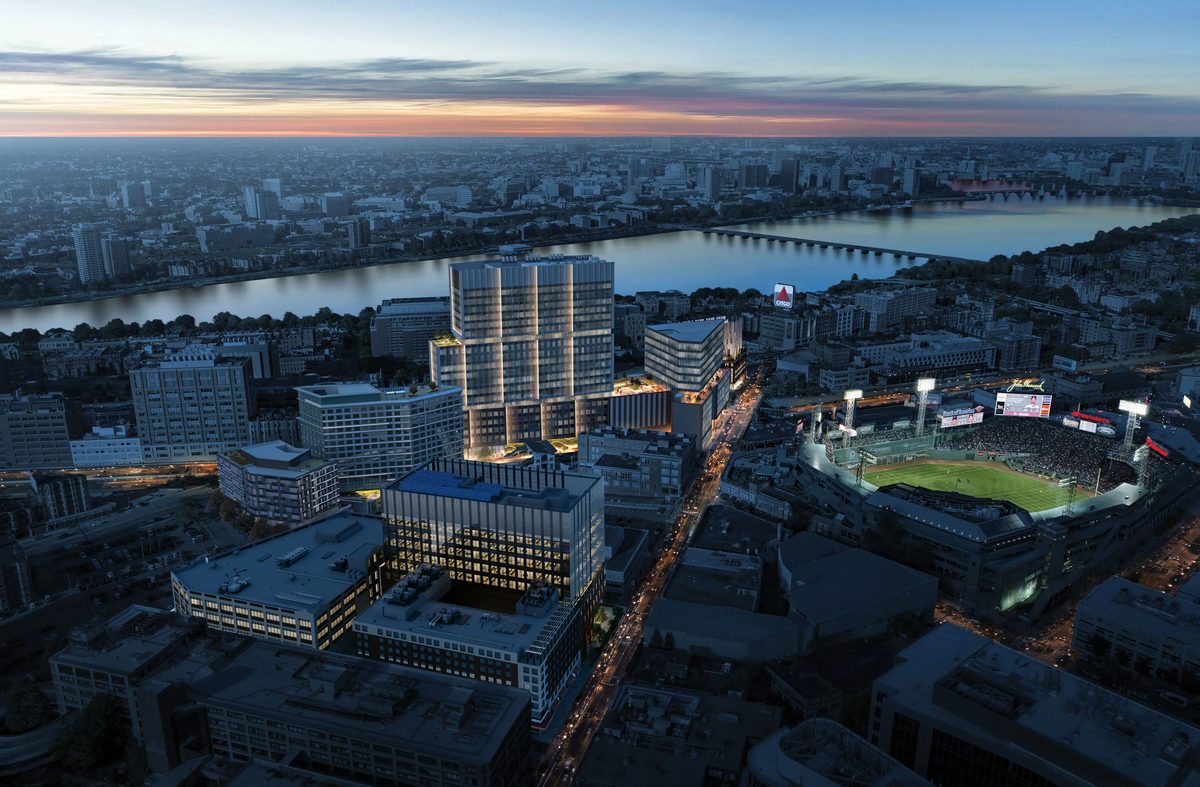 Aerial rendering of IQHQ’s FWD district next to Fenway Park, shown here to represent IQHQ’s life‑science development platform, the same owner that signed AdvanCell to a 128,000‑SF full‑building lease at Innovation Park in Andover.