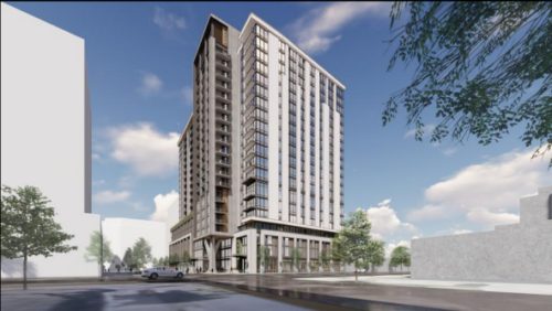 Architectural rendering of ANOVA The Pearl, AEW Capital Management, GMH Communities and Wexford Science & Technology’s planned 20-story, 382-unit mixed-use tower in Charlotte’s Pearl Innovation District.