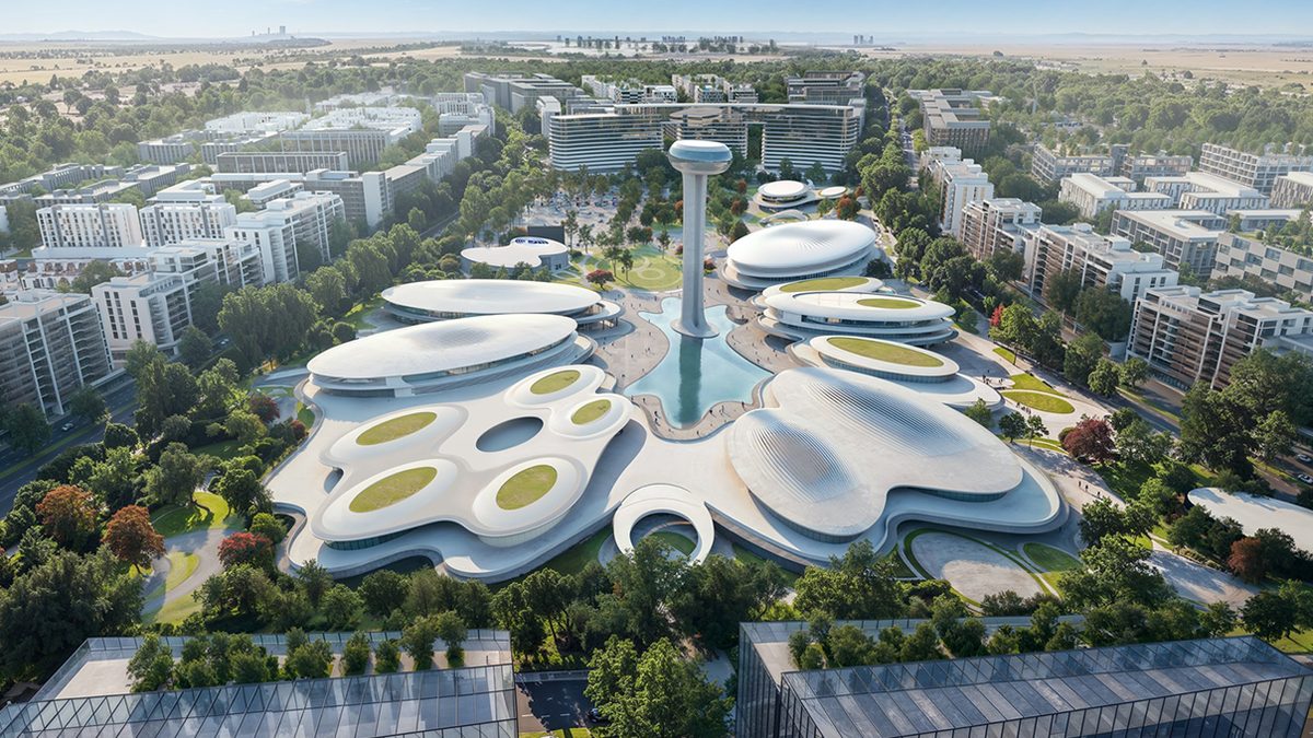 An aerial rendering of Aljada in Sharjah illustrates the mixed-use development where Arada will deliver nine residential buildings acquired by Aldar Group in the AED 1.1 billion forward purchase.