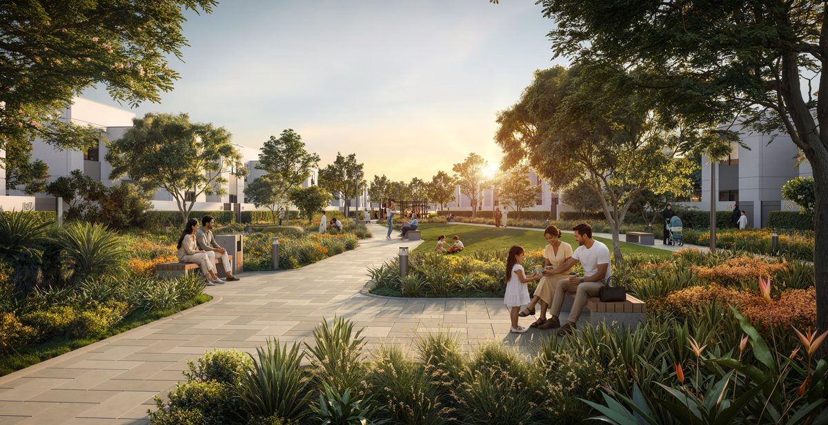 Architectural rendering of Al Ghadeer Gardens, Aldar Properties PJSC’s 437‑unit townhouse and villa community, showing landscaped promenades and family amenities that underscore the project’s appeal in its sell‑out at launch generating more than AED 1 billion.