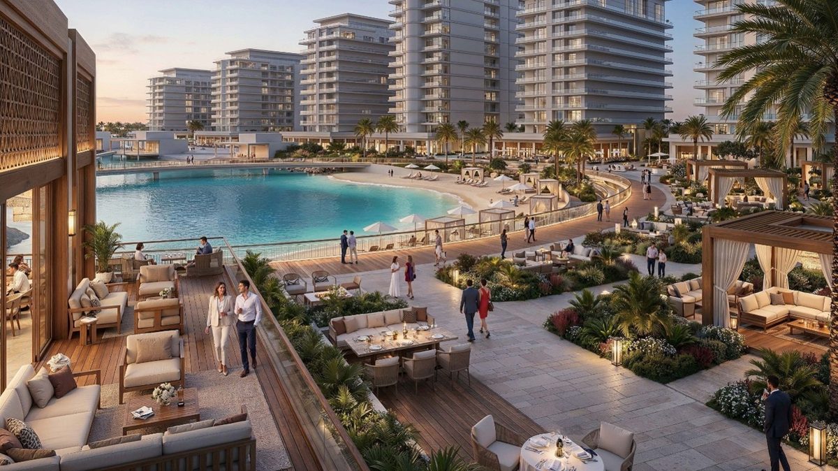 Architectural rendering of Aldar Properties' Yas Point waterfront showing the planned north-facing beach, 700-meter promenade, luxury residences and leisure and dining areas, illustrating the developer's AED 6 billion mixed-use scheme on Yas Island.