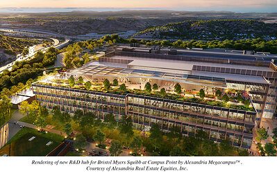 Architectural rendering of the newly completed 427,000 RSF Bristol Myers Squibb R&D hub at Campus Point by Alexandria Megacampus, showing rooftop terraces and lab floors that Alexandria delivered as part of its San Diego life‑science campus.