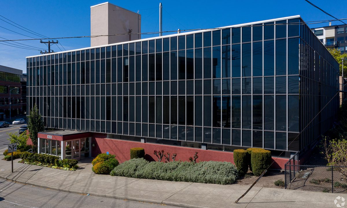 The existing bioscience building at 410 W. Harrison St., shown here, is the Lower Queen Anne asset Alexandria Real Estate Equities plans to replace with a proposed 254‑unit apartment development.