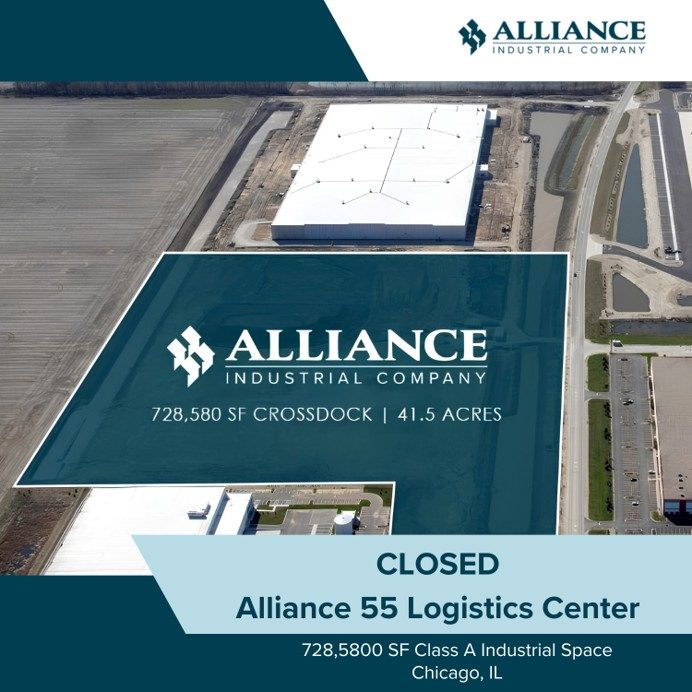 An aerial view of the Alliance 55 Logistics Center site in Plainfield, Illinois, highlighting Alliance Industrial Company's acquisition of the 41.5-acre parcel for a planned bulk warehouse.