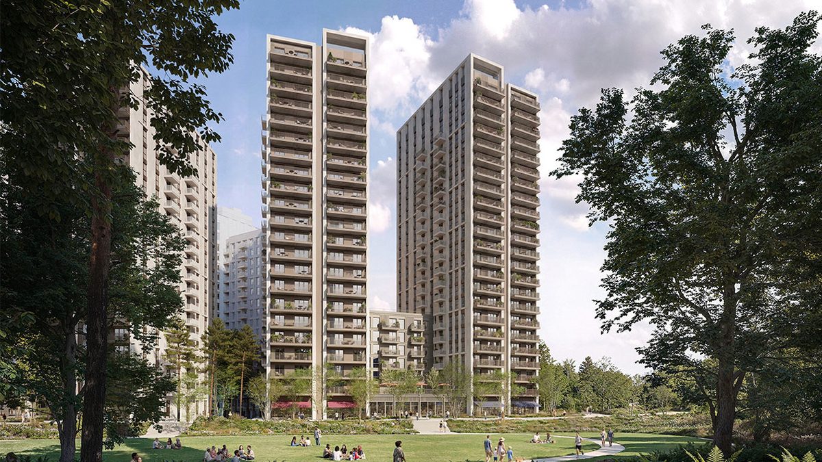 An architectural rendering of Thameside West, Arada’s proposed Royal Docks regeneration project, showing residential towers set within extensive landscaped open space.