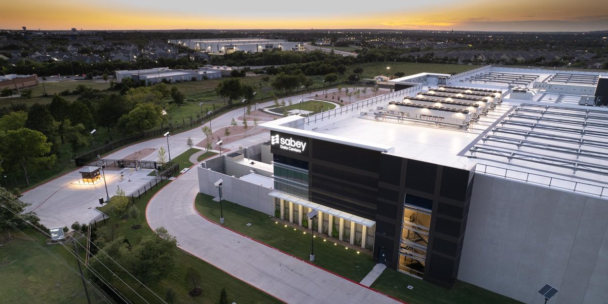 Sabey Data Centers Austin campus, shown here with Sabey signage, representing the type of energized campus in SDCP's portfolio that Ares Management's Secondaries funds took a minority equity stake in.