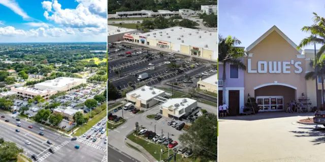 Aerial views of Florida retail centers and a Lowe’s store illustrate Benderson Development’s acquisition of three properties totaling approximately 400,000 square feet, including Granada Plaza in Dunedin, a shopping center in Venice, and the Lowe’s location in Estero.