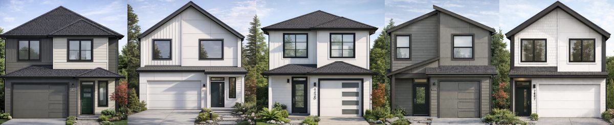 Architectural renderings of the cottage‑style homes planned for Mill Creek Terrace in Ridgefield, WA, the 110‑unit community for which Buchanan Mortgage Holdings (an affiliate of Buchanan Street Partners) closed a $12.76 million construction loan to fund vertical construction of the initial 22 detached homes.