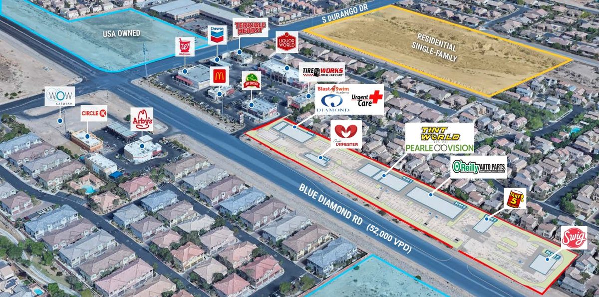 An aerial site plan of Blue Diamond & Durango in Enterprise, Nevada, illustrates the neighborhood retail center financed through Buchanan Mortgage Holdings' $14.62 million construction loan and its planned tenant lineup.