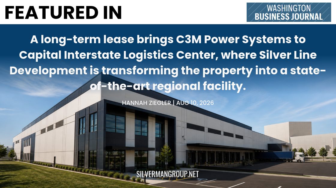 Capital Interstate Logistics Center in Forestville, Maryland, where C3M Power Systems has signed a lease for more than 141,000 square feet as Silver Line Development repositions the former furniture showroom into a regional logistics hub.