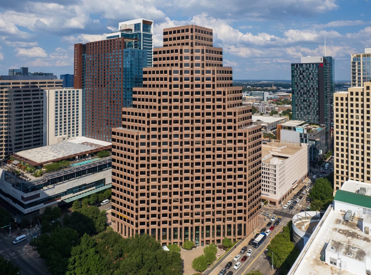 An aerial view of One Eleven Congress in Downtown Austin, the 519,653-square-foot Class A office tower acquired by Canyon Creek Real Estate for approximately $208 million.