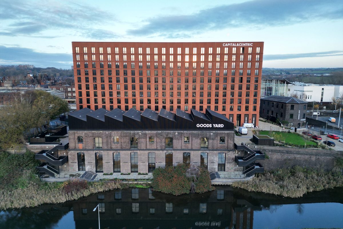 Aerial view of Capital&Centric's Goods Yard development in Stoke-on-Trent, including the restored Signal Box that will house Beartown Brewery's Goods Yard Tap and a forthcoming Italian restaurant.