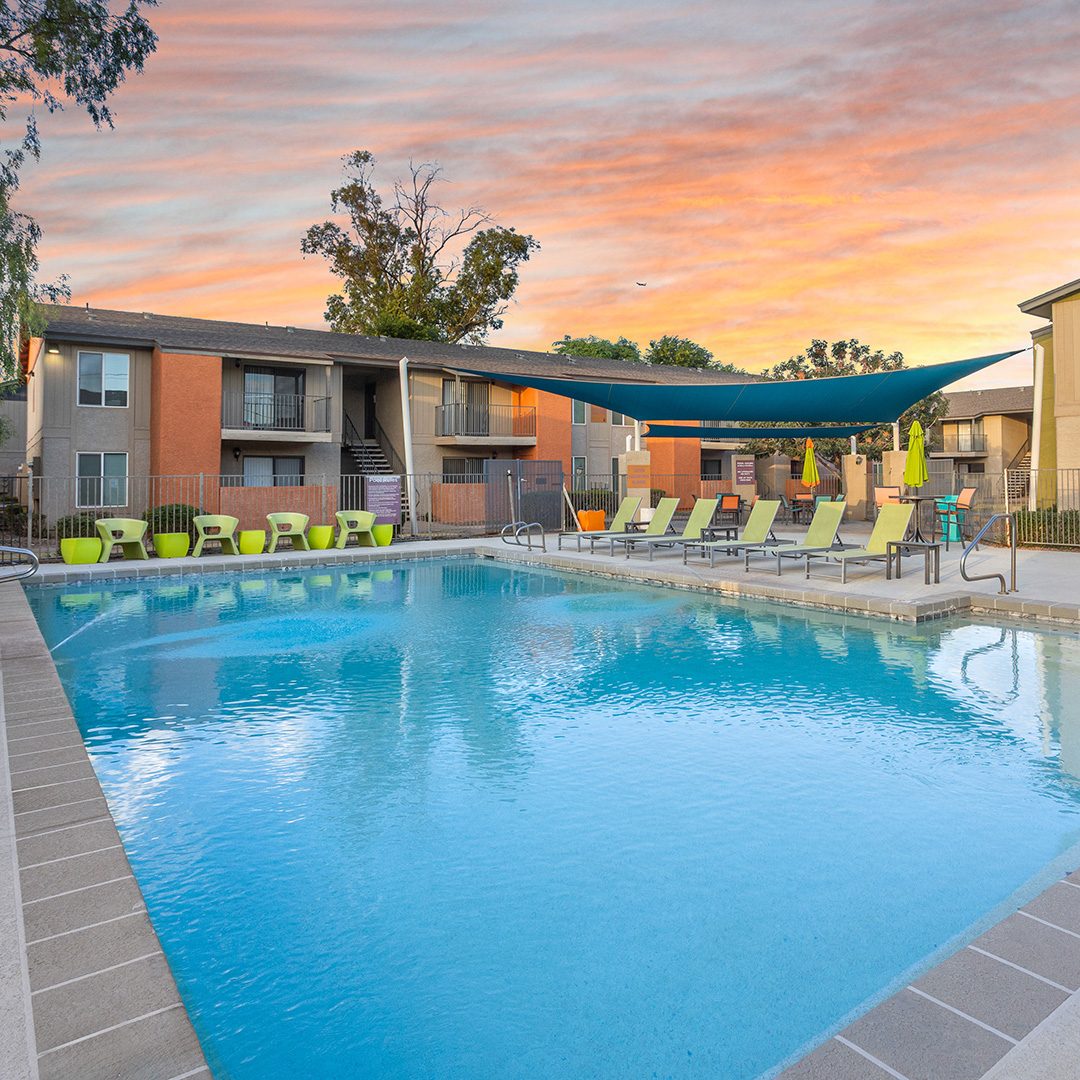 The resort-style pool and amenity area at Avia 266 in Mesa, Arizona, highlights the multifamily community sold by CBRE for $52.4 million to ColRich.