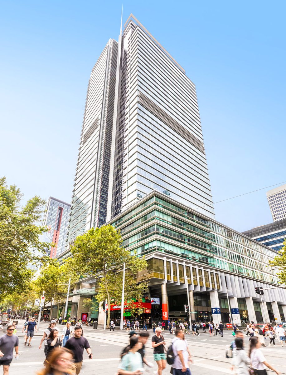 680 George Street, the street‑level view of one of the World Square office towers that Centuria Capital is acquiring a 50% interest in from a Brookfield‑managed fund as part of the A$454 million transaction.