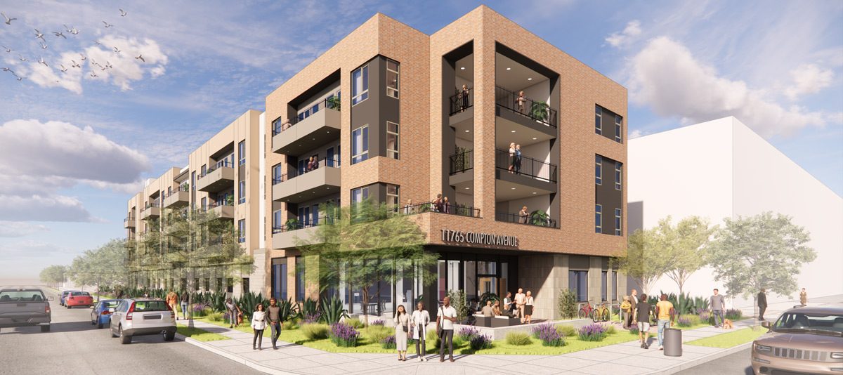 Architectural rendering of the Century Housing–led affordable housing component of the CDU Wellness & Education Campus in Willowbrook, showing the proposed mixed-use building intended to deliver up to 254 deed‑restricted homes adjacent to Charles R. Drew University.