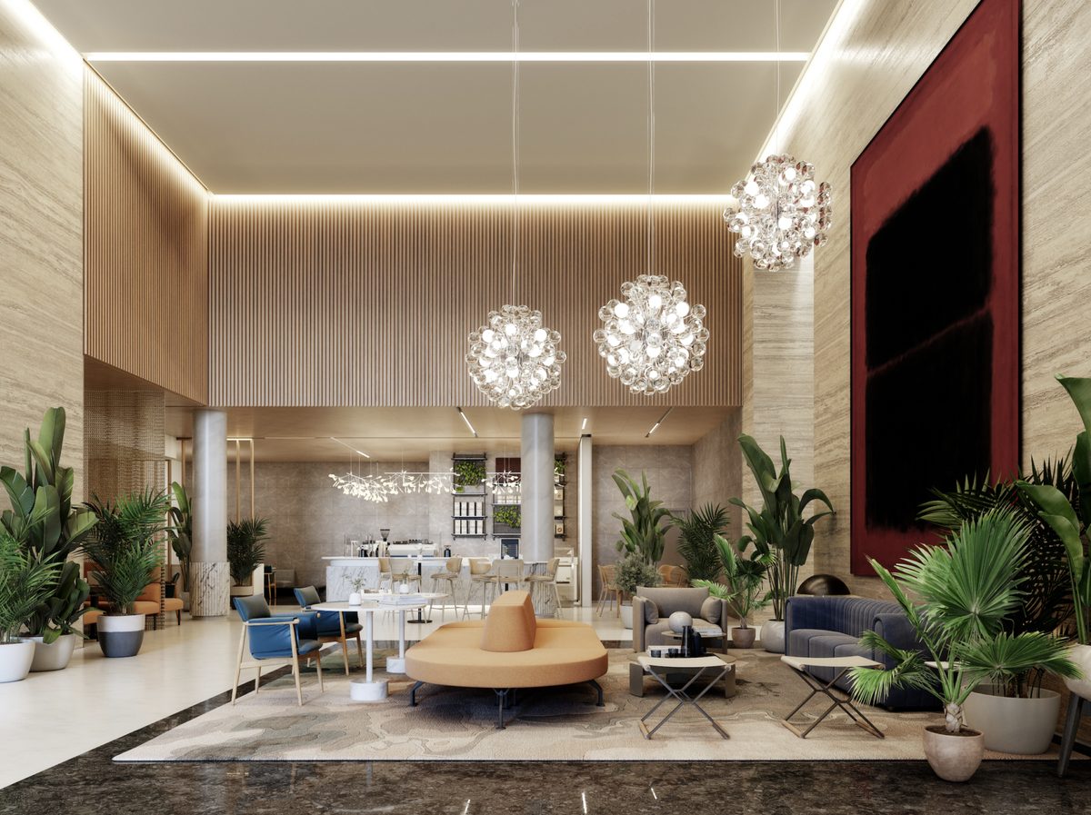The renovated lobby of Citigroup Center, illustrating the building's upgraded tenant-facing amenity that supports its move-in-ready spec suite program and recent leasing activity that added four new tenants totaling about 18,000 square feet.