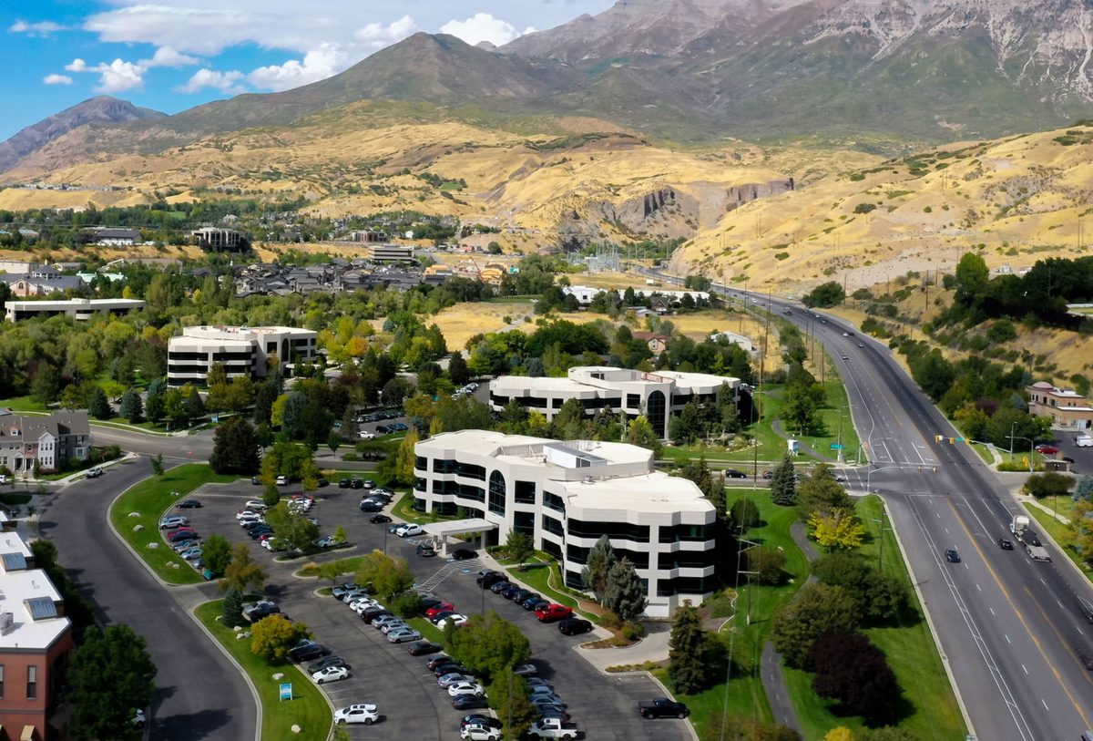 An aerial view of Riverwoods Business Park in Provo, Utah, the three-building, approximately 185,000-square-foot office campus acquired by an investor group affiliated with Flagship Companies.