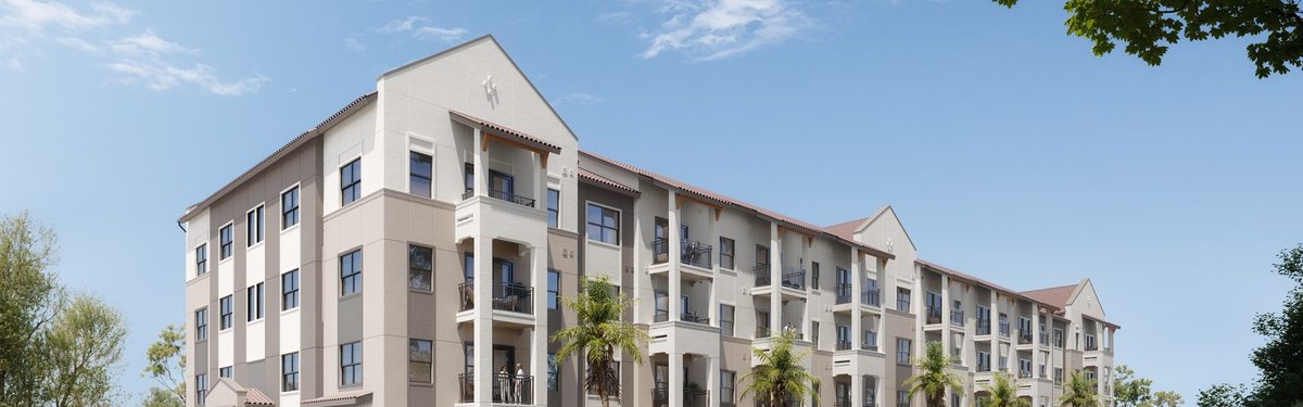 Architectural rendering of NOVEL Norterra, the four-story, 248-unit multifamily community Crescent Communities just closed land for in northern Phoenix, showing the planned building design and streetscape that will accompany the development.