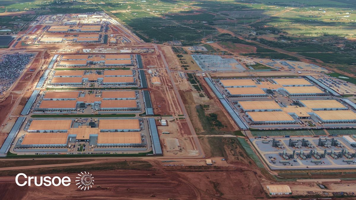Aerial view of a Crusoe data center campus, illustrating the scale and layout similar to the 1.0 GW AI data center campus Crusoe and Lancium announced for Childress, Texas.