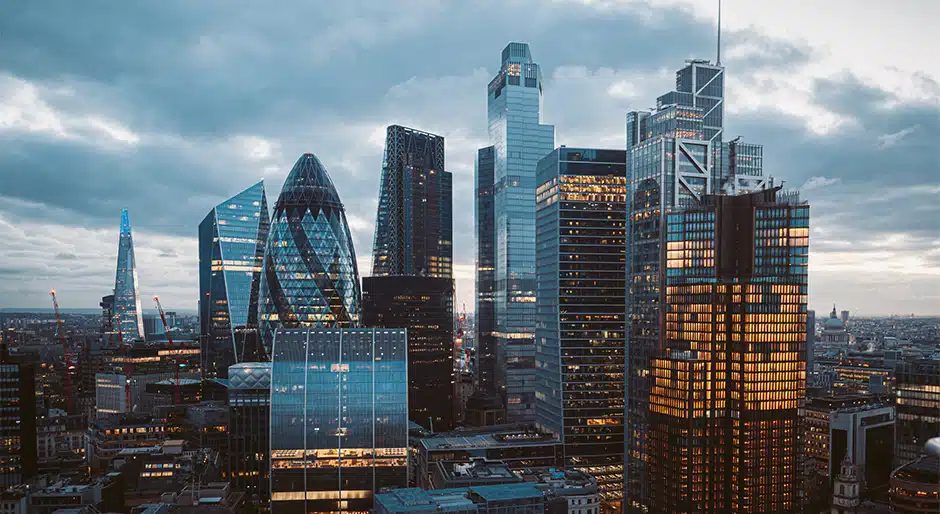 London’s commercial skyline illustrates the UK real estate market in which Delancey will deploy up to £400 million of additional pension-scheme capital.