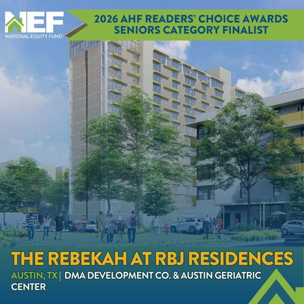 A rendering of The Rebekah at RBJ Residences in Austin, Texas, the historic senior tower renovated by DMA Development Co. and Austin Geriatric Center in an $88 million rehabilitation.