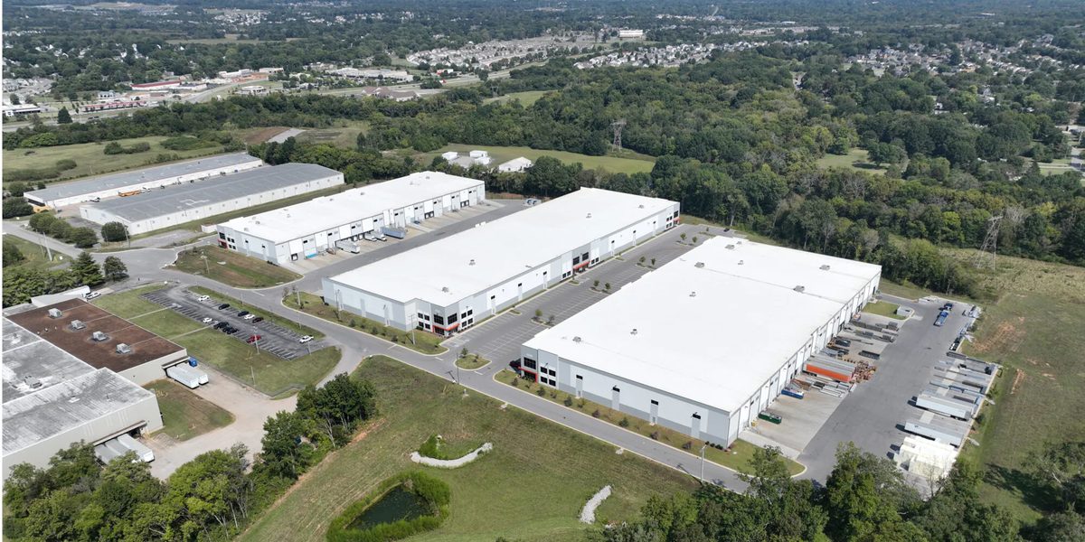 An aerial view of Creekside Logistics in Smyrna, Tennessee, the three-building, 371,000-square-foot industrial development sold by Foundry Commercial and Principal Asset Management.