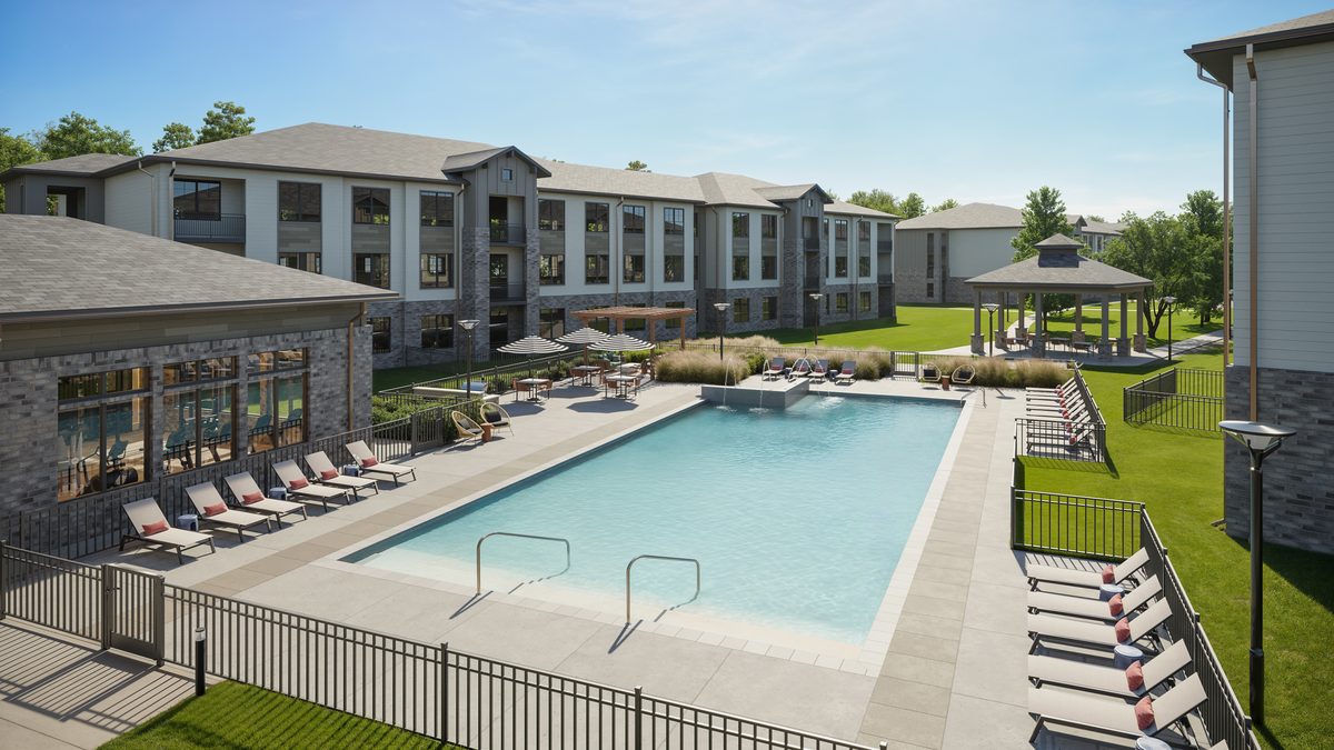 Birchway Sanger’s resort-style pool and surrounding amenity area showcase the resident features Greystar is offering at its new 306-home rental community in Sanger, Texas.