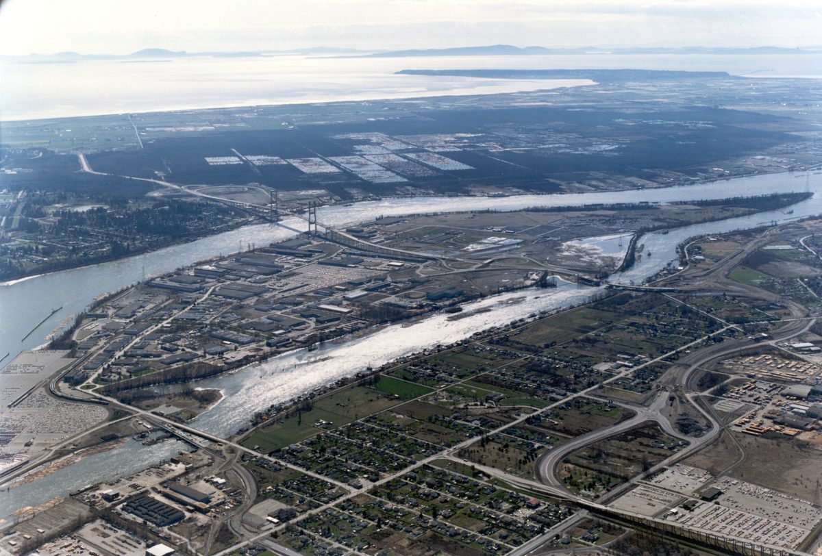 An aerial view of Annacis Island and its surrounding industrial lands in Metro Vancouver, the location of Grosvenor Property Canada's 10-year lease to Doka Canada Ltd.