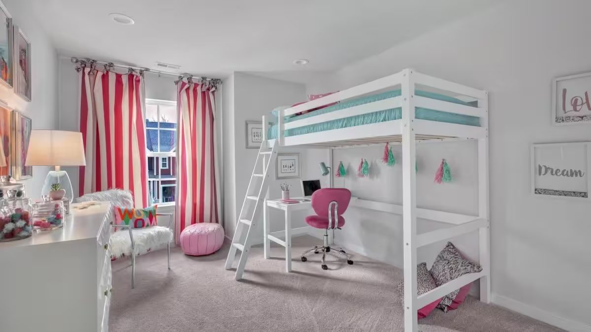 Staged child bedroom from a Whitfield floor plan model at Granite Ridge Townhomes, showing the type of personalized interior finishes HHHunt Homes is marketing to buyers of the new Rolesville townhomes.