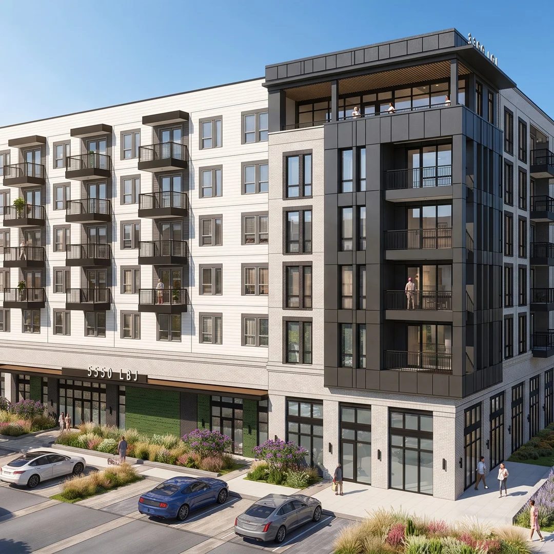 A rendering of 5550 LBJ in North Dallas, the planned mixed-income multifamily community High Street Residential and Acram Group are developing with 435 apartments and ground-floor retail.