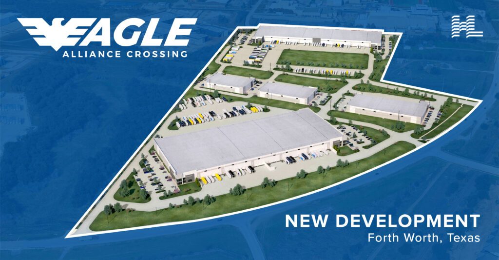 Aerial architectural rendering of Eagle Alliance Crossing in Fort Worth, the five-building, 514,726-square-foot industrial park announced by Holt Lunsford Commercial Investments.