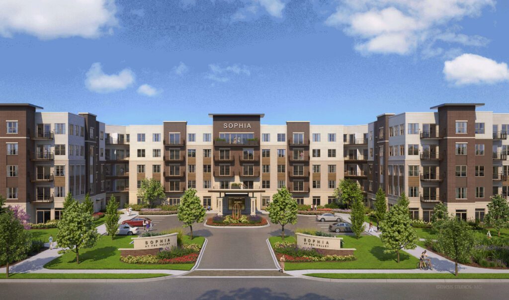 A rendering of Sophia Fox Valley in Aurora illustrates the planned 214-unit senior living community that Integrated Development II, Affinius Capital and HPI Real Estate Services & Investments are targeting to open in May 2028.