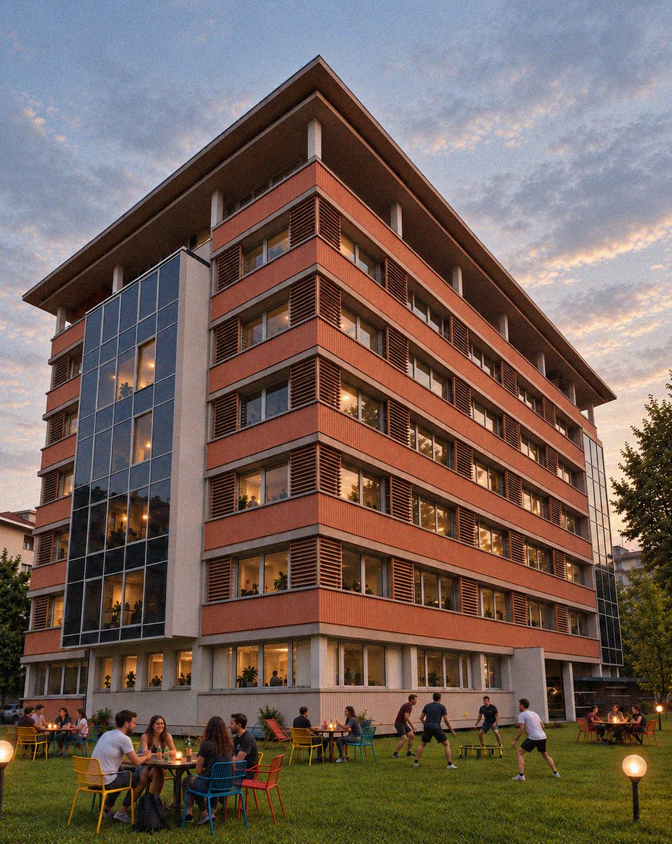 A modern hospitality building with active communal outdoor space illustrates the type of YellowSquare accommodation being added through Invel Real Estate's more than €75 million Italian expansion.