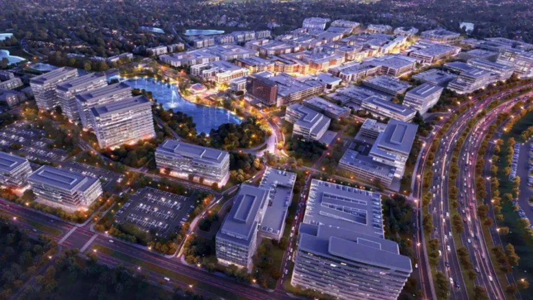 An aerial rendering illustrates the planned Fields mixed-use campus in north Frisco, where Karahan Companies and KDC are marketing up to 11 million square feet of office development.