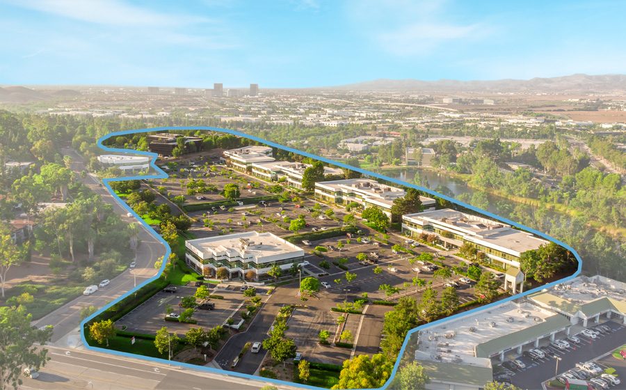 Aerial view of the 18.5-acre former HERE and Spectrum Summit office campus in Laguna Hills outlined for redevelopment into Terravita, the 480-unit multifamily project approved by the Laguna Hills City Council and proposed by Kingsbarn Capital & Development.