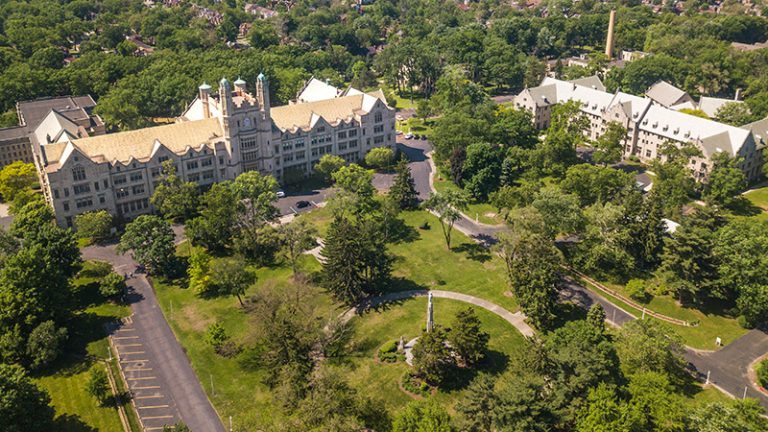 An aerial view of the Marygrove Conservancy campus in northwest Detroit, the 53-acre site where the Kresge Foundation plans to develop a 70,000-square-foot office and community facility.