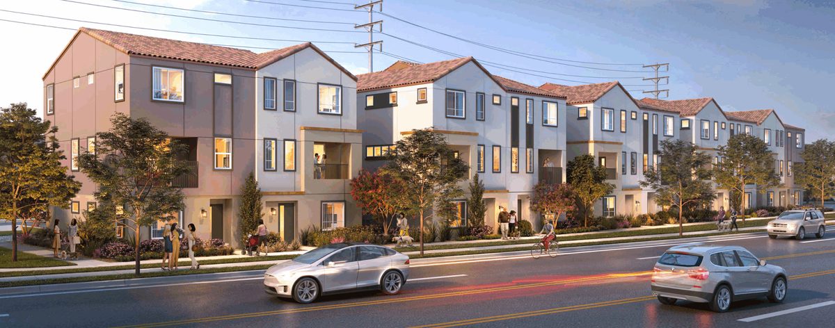 Architectural rendering of the planned three-story townhomes and paired homes at 4700 Chino Hills Parkway, part of Land Advisors Organization’s closed ±8.26‑acre, 130-home residential land transaction in Chino, California.