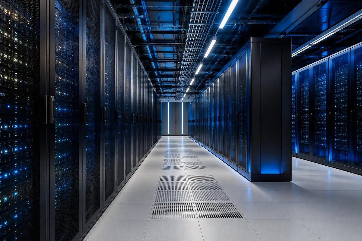 A data center server hall illustrates the digital infrastructure Leighton Asia and Sterling and Wilson will deliver under their Hyderabad, India, construction contract.
