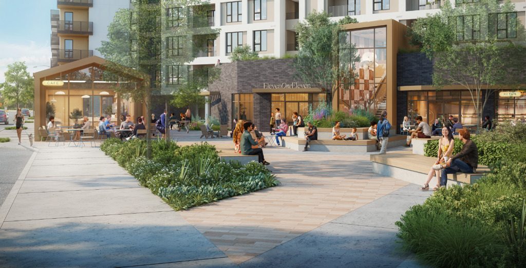 A rendering of ElevenOneEleven’s publicly accessible plaza and retail frontage in Culver City, the mixed-use development backed by a $132.7 million Bank OZK construction loan.