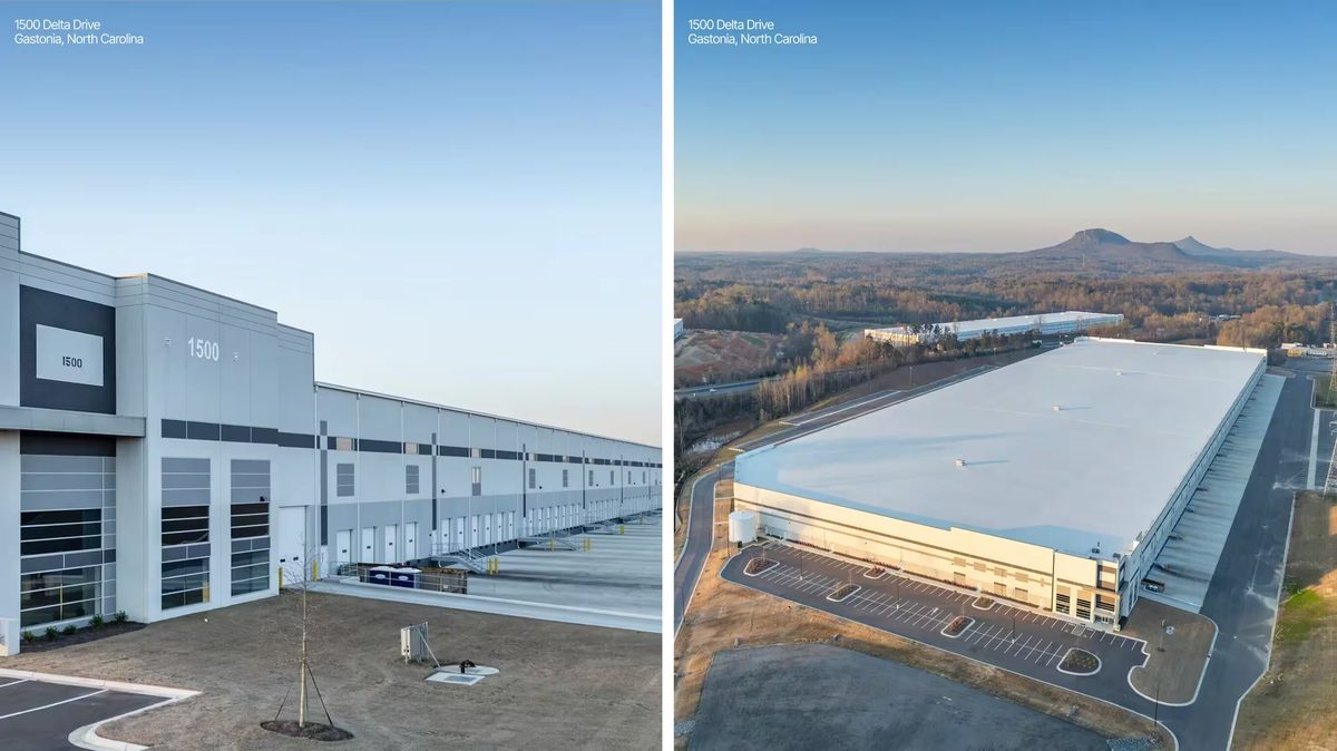 Delta Industrial Park at 1500 Delta Drive in Gastonia, North Carolina, shown in exterior and aerial views following Link Logistics’ acquisition of the 878,104-square-foot Class-A distribution center from Trinity Capital Advisors.
