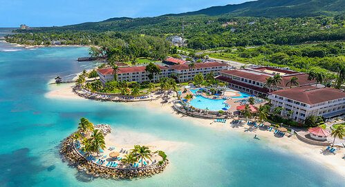 Rendering of the planned 522-room Marriott Hotels All-Inclusive Resort in Montego Bay, Jamaica, showing the beachfront layout, pools, and amenity zones for the conversion of the former Catalonia Montego Bay under the Marriott and Catalonia Hotels & Resorts agreement targeted to open in 2028.