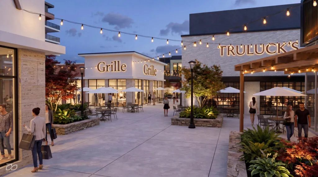 A conceptual retail and dining plaza illustrates the mixed-use vision for MCB Real Estate's $2.7 billion VIVA White Oak development in Silver Spring.