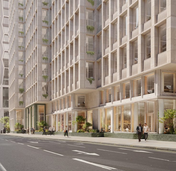 Architectural rendering of Meadow Partners’ approved £600 million Grade A office redevelopment at 10–20 Victoria Street in Westminster, showing the planned office frontage, retail space and improved public realm.
