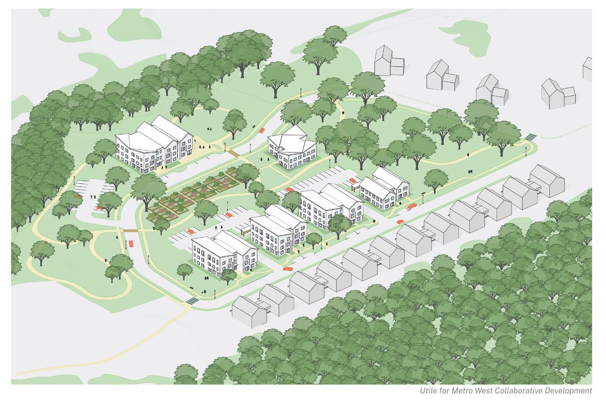 An architectural site rendering illustrates Metro West Collaborative Development’s proposed 65-apartment, six-building affordable housing project at Adams Circle in Devens.