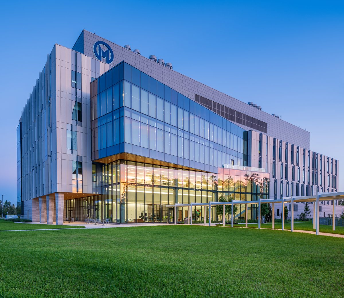 The Moffitt Discovery and Innovation Center at Speros in Land O’ Lakes, Florida, is shown following its ribbon-cutting, marking the completion of the 250,000-square-foot research facility managed by Hammes Healthcare.