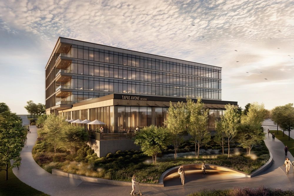Rendering of Opus' Arcadia office development at 5115 Eden Avenue in Edina, which is 71% preleased ahead of its scheduled December 2026 completion.