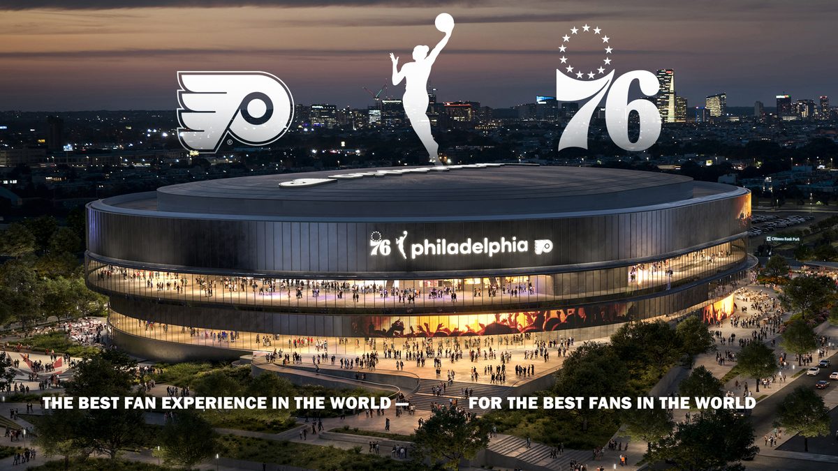 A conceptual rendering of the proposed Philadelphia 76ers arena at the former Spectrum site in South Philadelphia, the planned $1.3 billion venue that will become the new home of the 76ers, Flyers, and Philadelphia’s WNBA expansion team.