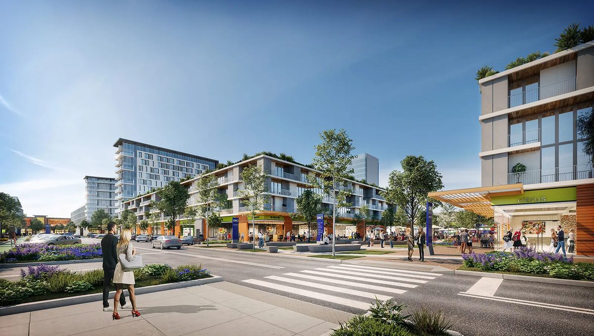 A conceptual streetscape illustrates the mixed-use development envisioned for ON3, Prism Capital Partners' 116-acre campus in Clifton and Nutley.