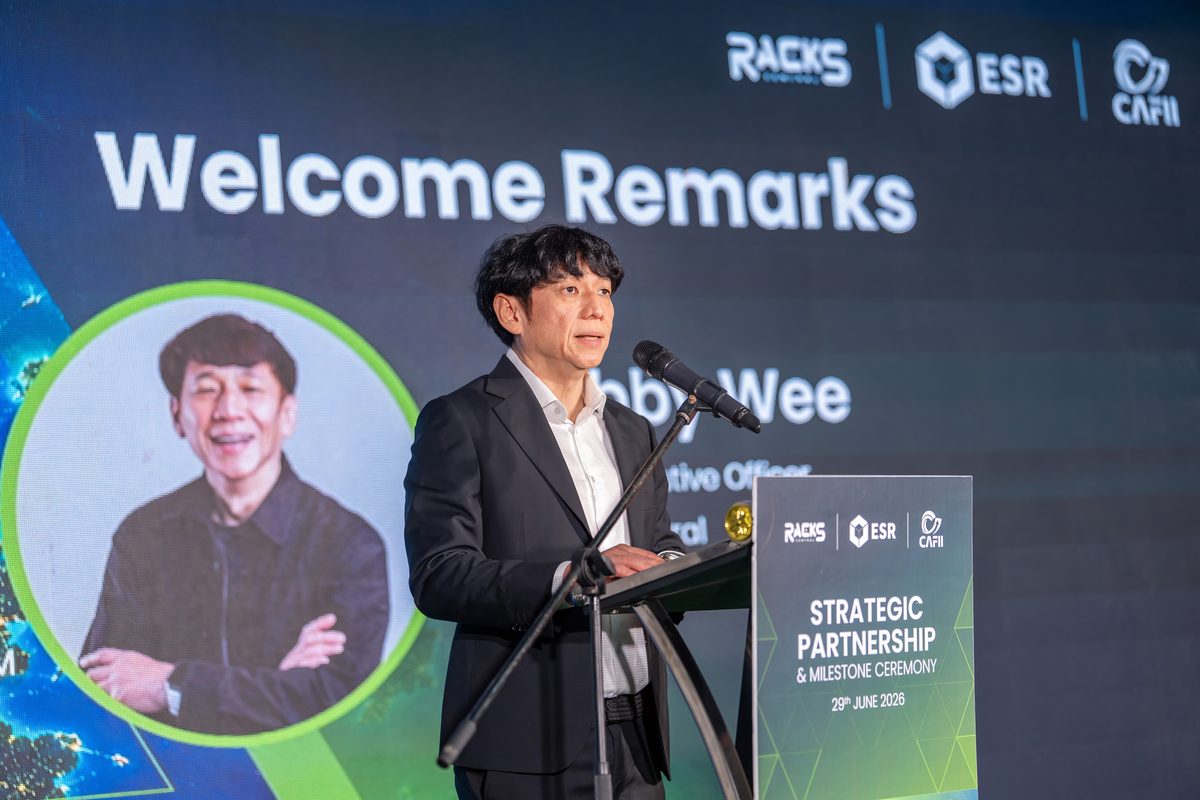 A Racks Central executive delivers welcome remarks at the June 29 strategic partnership and milestone ceremony for the RCJM AI data centre campus in Pasir Gudang, Johor, underscoring the company’s progress on the planned 510 MW AI factory campus.
